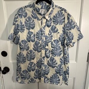American Eagle Mens XL Tropical Monstera Leaf Print Button Down Shirt Blue Cream